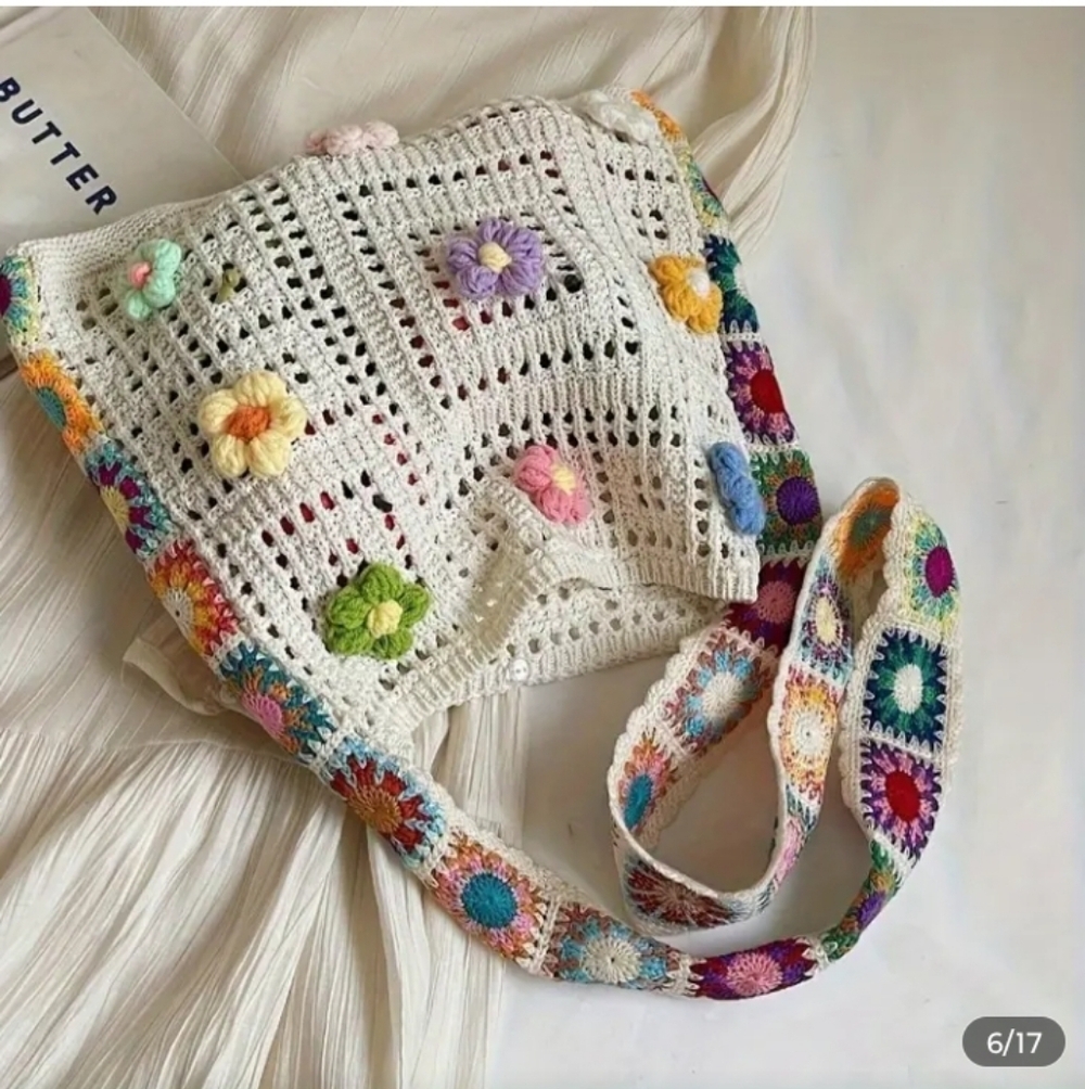 Bohemian Crochet Floral Messenger Bag - Multicolor - Picture 4 of 6